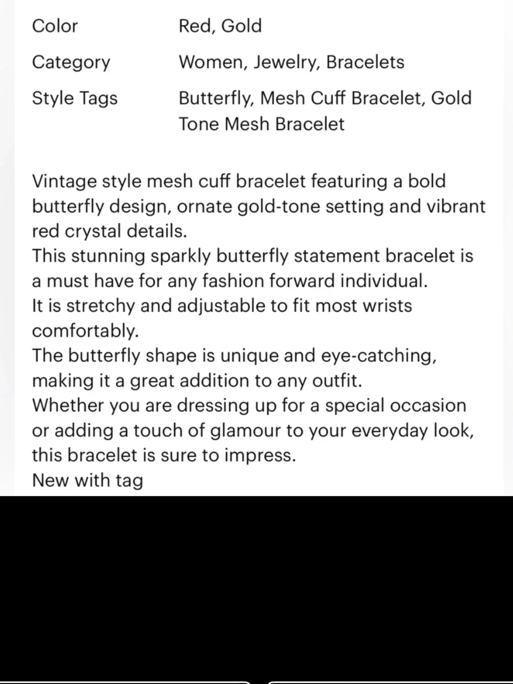 Butterfly statement bracelet gold tone, mesh cuff w red rhinestones new